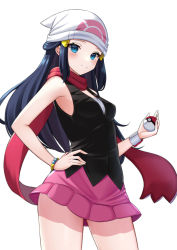 Rule 34 | 1girl, bare shoulders, beanie, black shirt, blue eyes, blue hair, bracelet, breasts, commentary request, contrapposto, cowboy shot, creatures (company), dawn (pokemon), game freak, hair ornament, hand on own hip, hat, holding, holding poke ball, jewelry, long hair, looking at viewer, medium breasts, nintendo, pink skirt, poke ball, poke ball (basic), pokemon, pokemon dppt, red scarf, scarf, shirt, skirt, sleeveless, sleeveless shirt, smile, solo, tasuku (user fkzv3343), white background