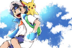 Rule 34 | 1boy, ash ketchum, backpack, bag, baseball cap, black hair, blue shorts, blue vest, brown eyes, cloud, cloudy sky, creatures (company), day, feet out of frame, game freak, gen 1 pokemon, hand in pocket, hat, looking at viewer, nintendo, on shoulder, open clothes, open mouth, open vest, outdoors, pikachu, pokemon, pokemon (anime), pokemon (creature), pokemon on shoulder, pokemon journeys, red headwear, shirt, shorts, sky, spiked hair, teeth, upper teeth only, vest, white shirt, yas9 9
