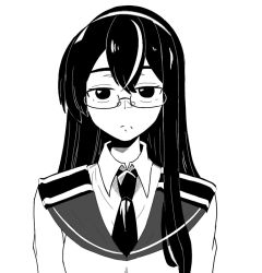 Rule 34 | 1girl, 2423mhmh, bad id, bad pixiv id, closed mouth, commentary, eyebrows, glasses, greyscale, hair between eyes, hairband, kantai collection, long hair, looking at viewer, monochrome, necktie, ooyodo (kancolle), sailor collar, school uniform, semi-rimless eyewear, serafuku, simple background, solo, uniform, upper body