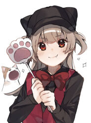 Rule 34 | 1girl, black hat, black shirt, blush, bow, bowtie, cat, fang, hat, higa (gominami), highres, holding, light brown hair, long hair, long sleeves, looking at viewer, natori sana, red bow, red bowtie, red eyes, red vest, sana channel, shirt, simple background, smile, solo, two side up, upper body, vest, virtual youtuber, white background