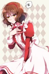 Rule 34 | 1girl, blush, bow, bowtie, brown eyes, brown hair, closed mouth, dress, embarrassed, frilled dress, frills, hand on own chest, headband, hibike! euphonium, highres, long sleeves, maid, original, oumae kumiko, red bow, red bowtie, red headband, sae (renkyuuake), short hair, signature, solo, speech bubble, spoken squiggle, squiggle, white dress
