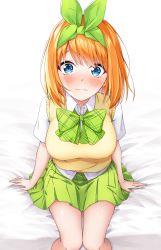 Rule 34 | 1girl, bed, blue eyes, blush, bow, bowtie, breasts, closed mouth, collared shirt, commentary request, cowboy shot, eyebrows hidden by hair, go-toubun no hanayome, green bow, green hairband, green ribbon, green skirt, hair ribbon, hairband, highres, knees together feet apart, large breasts, looking at viewer, nakano yotsuba, nose blush, on bed, orange hair, plaid, plaid bow, pleated skirt, ribbon, school uniform, shirt, short hair, short sleeves, sidelocks, simple background, sitting, skirt, solo, sweater, sweater vest, swept bangs, wavy mouth, white background, white shirt, yellow sweater, yumemo
