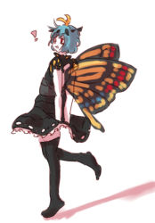 Rule 34 | !, 1girl, adapted costume, antennae, aqua hair, bad id, bad pixiv id, black dress, black thighhighs, blush, butterfly wings, dress, eternity larva, fairy, full body, insect wings, leaf, leaf on head, one eye closed, open mouth, red eyes, short hair, short sleeves, simple background, single strap, skyw, solo, thighhighs, third-party source, touhou, white background, wings