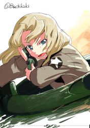 Rule 34 | 10s, 1girl, action, black shirt, blonde hair, blue eyes, brown jacket, buchikaki, commentary, dutch angle, frown, girls und panzer, hair intakes, highres, holding, jacket, kay (girls und panzer), long hair, looking at viewer, military, military uniform, one-hour drawing challenge, open clothes, open jacket, open mouth, radio, saunders military uniform, shirt, solo, star (symbol), tank cupola, twitter username, uniform