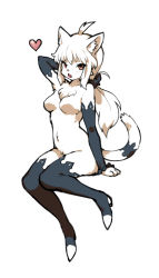 Rule 34 | 1girl, ahoge, animal ear fluff, animal ears, animal nose, arm behind head, bare shoulders, black sleeves, body fur, boots, brown eyes, cat, cat ears, cat girl, cat tail, commentary, detached sleeves, fang, furry, furry female, heart, long hair, long sleeves, looking at viewer, no nipples, nude, open mouth, original, simple background, sitting, solo, tail, white background, white fur, white hair, wkar