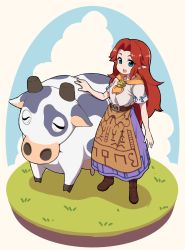 Rule 34 | 1girl, :d, animal, arm at side, bare arms, belt, blue eyes, blue sky, boots, bowser, brown belt, brown footwear, cloud, cow, eyebrows, grass, hair intakes, highres, legs apart, long hair, long skirt, malon, nintendo, open mouth, pointy ears, purple skirt, red hair, shadow, shirt, short sleeves, skirt, sky, smile, solo, standing, teeth, the legend of zelda, the legend of zelda: ocarina of time, triforce, white shirt, yokoyoko (nazonazo)