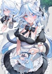 Rule 34 | 1girl, ahoge, alternate costume, animal ears, apron, black bow, black bowtie, black dress, blue brooch, blue eyes, blue hair, blue nails, blush, bow, bowtie, breasts, cat ears, cat tail, cleavage, cowboy shot, dasha, detached collar, dress, fingernails, furina (genshin impact), furrowed brow, genshin impact, hair between eyes, heterochromia, highres, holding, holding paper, light blue hair, long hair, looking at viewer, maid, maid apron, maid headdress, medium breasts, multicolored hair, multiple views, nail polish, open mouth, paper, people, pout, puffy cheeks, puffy sleeves, revision, scrunchie, short sleeves, sidelocks, standing, streaked hair, sweatdrop, tail, teardrop, tearing up, tears, thought bubble, v-shaped eyebrows, wrist scrunchie