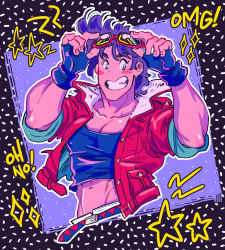 Rule 34 | 1boy, adapted costume, alternate costume, battle tendency, blush, coat, crop top, delichuu, fingerless gloves, gloves, goggles, goggles on head, groin, highres, holding, holding goggles, jacket, jojo no kimyou na bouken, joseph joestar, joseph joestar (young), male focus, midriff, padded coat, pectorals, red jacket, smile, solo