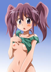 Rule 34 | 1girl, asou natsumi, blush, breasts, collarbone, groin, lifting own clothes, navel, nipples, open mouth, out-of-frame censoring, purple eyes, purple hair, shishinon, short hair, sketchbook full colors, solo, tongue, tongue out