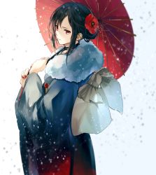 Rule 34 | 1girl, black hair, fate/grand order, fate (series), flower, furisode, hair flower, hair ornament, highres, holding, holding umbrella, hoshi rasuku, japanese clothes, kimono, looking at viewer, nail polish, red eyes, ribbon, snowing, solo, standing, umbrella, winter, winter clothes, yu mei-ren (fate)