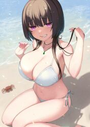 Rule 34 | 1girl, absurdres, bare arms, bare shoulders, barefoot, beach, bikini, blush, breasts, brown hair, cleavage, collarbone, crab, day, grin, halterneck, hand in own hair, highres, jewelry, large breasts, long hair, looking at viewer, nail polish, navel, necklace, ocean, original, outdoors, parted lips, purple eyes, purple nails, revision, sand, shore, side-tie bikini bottom, sidelocks, sitting, smile, solo, string bikini, swimsuit, thighs, wariza, water, wet, white bikini, yuzuriha (active homing)