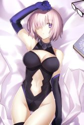 Rule 34 | 1girl, :o, arm at side, arm up, armpits, bare shoulders, bed sheet, black-framed eyewear, black gloves, black thighhighs, blue gloves, blush, bodysuit, book, breasts, center opening, cleavage, cleavage cutout, clenched hand, clothing cutout, cowboy shot, dakimakura (medium), elbow gloves, unworn eyewear, fate/grand order, fate (series), from above, glasses, gloves, gorget, groin, halterneck, hand on own head, highleg, highleg leotard, highres, large breasts, leotard, looking at viewer, looking up, lying, mash kyrielight, minamina, navel, navel cutout, on back, parted lips, pink hair, purple eyes, purple gloves, short hair, solo, stomach, sweat, sweatdrop, thigh gap, thighhighs, white hair