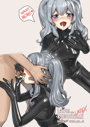 Rule 34 | absurdres, black gloves, bodysuit, clothed sex, cosplay, cum, cum on body, fellatio, gloves, highres, kantai collection, kashima (kancolle), kigurumi, latex, latex bodysuit, oral, original, penis, sex, sexually suggestive, short hair, solo focus, trevor25527766, twintails, white background, white hair