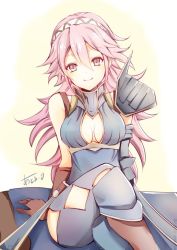 Rule 34 | 1girl, alternate costume, atoatto, breasts, cleavage, fire emblem, fire emblem fates, gloves, hairband, crossed legs, long hair, nintendo, pink eyes, pink hair, sitting, soleil (fire emblem), solo