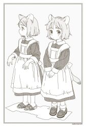 Rule 34 | 2girls, akai sashimi, animal ears, apron, artist name, cat ears, cat girl, cat tail, eyebrows hidden by hair, greyscale, loafers, long sleeves, maid apron, medium hair, monochrome, multiple girls, original, parted bangs, puffy long sleeves, puffy sleeves, sandals, shoes, signature, tail