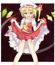 Rule 34 | 1girl, ascot, bad id, bad pixiv id, blonde hair, blush, clothes lift, dress, dress lift, efe, embodiment of scarlet devil, face, female focus, flandre scarlet, hat, hat ribbon, midriff, navel, red eyes, ribbon, side ponytail, solo, teasing, touhou, wings