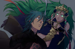 Rule 34 | 1boy, 1girl, armor, arms behind back, bare shoulders, blue hair, braid, byleth (fire emblem), byleth (male) (fire emblem), cape, fire emblem, fire emblem: three houses, glowing, glowing eyes, green hair, grey background, hair ornament, highres, lettutsu, long hair, multicolored hair, nintendo, parted lips, pointy ears, ribbon, simple background, smile, sothis (fire emblem), tiara, twintails, very long hair