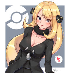 Rule 34 | :p, blonde hair, blush, breasts, cleavage, creatures (company), cynthia (pokemon), game freak, handheld game console, heart, large breasts, nintendo, nintendo ds, pokemon, pokemon dppt, tagme, tongue, tongue out, wakaba (wata ridley)