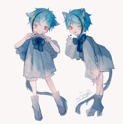 Rule 34 | 2boys, absurdres, aged down, animal ears, blouse, blue bow, blue bowtie, blue footwear, blue hair, boots, bow, bowtie, brothers, brown eyes, cat boy, cat ears, cat tail, character name, child, commentary, dated, double v, expressionless, facing viewer, fangs, finger heart, floyd leech, full body, heterochromia, high heel boots, high heels, highres, jade leech, jitome, leaning forward, li04r, long sleeves, looking at viewer, male focus, multicolored hair, multiple boys, open mouth, puffy long sleeves, puffy short sleeves, puffy sleeves, shirt, short hair, short sleeves, shorts, siblings, simple background, slit pupils, smile, standing, streaked hair, tail, twins, twisted wonderland, v, white background, white shirt, white shorts, yellow eyes