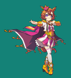 Rule 34 | 1girl, aiguillette, animal ears, breasts, cape, chain, closed mouth, commentary request, cropped jacket, crown, ear ornament, full body, gold, hair between eyes, highres, horse ears, horse girl, horse tail, jacket, light blush, long sleeves, looking at viewer, orange hair, pink cape, pink skirt, purple eyes, short hair, skirt, small breasts, smile, solo, suzuhara kenji, t.m. opera o (umamusume), tail, thighhighs, tilted headwear, two-tone skirt, umamusume, umbrella, white jacket, white skirt, white thighhighs, yellow footwear