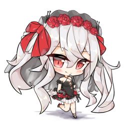Rule 34 | 1girl, azur lane, bare shoulders, big head, black dress, black footwear, blush, bow, breasts, chibi, closed mouth, collarbone, commentary request, criss-cross halter, dress, flower, full body, glint, gloves, grey gloves, hair between eyes, hair bow, hair flower, hair ornament, halterneck, highres, lace, lace gloves, limitlimlim, long hair, pleated dress, red bow, red eyes, red flower, red rose, rose, shadow, shoes, sidelocks, silver hair, small breasts, smile, solo, standing, standing on one leg, twintails, vampire (azur lane), vampire (eloi&#039;s blessing) (azur lane), very long hair, white background