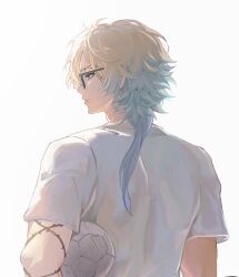 1boy back ball blonde_hair blue_lock byakuyablaise glasses male_focus medium_hair michael_kaiser multicolored_hair shirt short_sleeves simple_background soccer_ball solo streaked_hair two-tone_hair white_background white_shirt