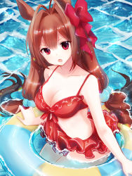 Rule 34 | 1girl, :o, absurdres, alternate hairstyle, animal ears, antenna hair, bare shoulders, bikini, bow, breasts, brown hair, cleavage, collarbone, commentary request, daiwa scarlet (trifle vacation) (umamusume), daiwa scarlet (umamusume), fang, frilled bikini, frills, hair between eyes, hair bobbles, hair bow, hair ornament, highres, horse ears, horse girl, horse tail, indigoembers2, innertube, large breasts, long hair, low twintails, midriff, official alternate costume, partially submerged, red bikini, red bow, red eyes, solo, swim ring, swimsuit, tail, twintails, umamusume, very long hair