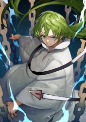 Rule 34 | 1other, androgynous, blue eyes, chain, dress, electricity, enkidu (fate), fate/grand order, fate (series), gown, green hair, highres, long hair, looking at viewer, robe, serious, solo, very long hair, white robe, yoshio (55level)