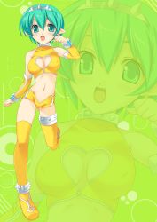 Rule 34 | 1girl, :d, aqua eyes, aqua hair, breasts, cleavage cutout, clothing cutout, elf, covered erect nipples, fang, hairband, highres, horns, jpeg artifacts, kinoshita ichi, laughing, medium breasts, midriff, navel, open mouth, paw pose, pointy ears, running, short hair, smile, solo, thighhighs, zoom layer