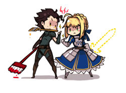 Rule 34 | 1boy, 1girl, ahoge, armor, artoria pendragon (all), artoria pendragon (fate), black hair, blonde hair, blush stickers, brush, chibi, diarmuid ua duibhne (lancer) (fate), excalibur (fate/stay night), fate/stay night, fate/zero, fate (series), glowing, glowing weapon, green eyes, invisible air (fate), mole, mole under eye, paint, paintbrush, saber (fate), sparkle, sword, thumbs up, verus, weapon, yellow eyes