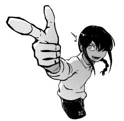 Rule 34 | 1girl, artist name, black hair, blupixl, braid, braided ponytail, chainsaw man, greyscale, hair over one eye, highres, looking to the side, medium hair, monochrome, nayuta (chainsaw man), open mouth, pointing, pointing to the side, ringed eyes, simple background, solo, sweater, white background