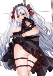 Rule 34 | 1girl, absurdres, ass, azur lane, back bow, black bow, black dress, black gloves, black hair, bow, breasts, clothes lift, dress, dress bow, dress lift, elbe (azur lane), elbe (time to show off?) (azur lane), fang, frilled dress, frilled hairband, frills, from behind, from below, gloves, gradient eyes, grey hair, hair ribbon, hairband, highres, large breasts, layered dress, light blush, long hair, looking at viewer, looking down, maid, multicolored eyes, multicolored hair, official alternate costume, open mouth, puffy short sleeves, puffy sleeves, purple eyes, red ribbon, rei tuki, ribbon, short sleeves, solo, streaked hair, thigh strap, two-tone hair, very long hair