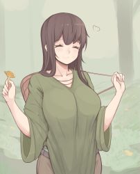Rule 34 | 1girl, ^ ^, backpack, bag, breasts, brown hair, closed eyes, closed mouth, collarbone, closed eyes, folait, forest, grass, green shirt, heart, highres, holding, holding mushroom, large breasts, medium hair, mushroom, nature, original, shirt, smile, solo