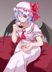 Rule 34 | 1girl, bat wings, black wings, blue hair, cup, dress, hat, holding, holding cup, looking at viewer, mob cap, nukekip, pixel art, red eyes, red nails, remilia scarlet, smile, solo, tea, touhou, white dress, white hat, wings