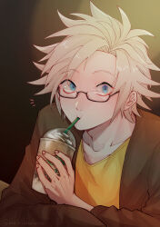 1boy absurdres asaba_kurone blue_eyes brown_jacket commentary_request cup disposable_coffee_cup disposable_cup drinking frappuccino glasses highres holding holding_cup jacket kanou_aogu male_focus notice_lines open_clothes open_jacket rectangular_eyewear saibou_shinkyoku semi-rimless_eyewear shirt short_hair solo upper_body white_hair yellow_shirt