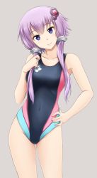 Rule 34 | 1girl, arena (company), blush, collarbone, competition swimsuit, covered navel, cowboy shot, fuuma nagi, grey background, groin, hair ornament, hand on own hip, head tilt, highleg, highleg swimsuit, long hair, looking at viewer, one-piece swimsuit, purple eyes, purple hair, short hair with long locks, simple background, smile, solo, standing, swimsuit, thighs, twintails, vocaloid, voiceroid, yuzuki yukari