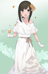 Rule 34 | 1girl, absurdres, black hair, blush, collarbone, cup, dress, drinking glass, earrings, fubuki (kancolle), gloves, green eyes, highres, holding, holding cup, jewelry, juice, kantai collection, looking at viewer, ma rukan, open mouth, orange juice, short hair, short sleeves, signature, single earring, solo, white dress, white gloves