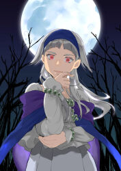 Rule 34 | 1girl, cape, dress, full moon, gensou suikoden, gensou suikogaiden, hairband, highres, jewelry, long hair, looking at viewer, moon, open mouth, red eyes, sierra mikain, skirt, smile, solo, tree, vampire, white hair