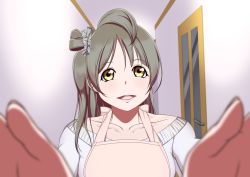 Rule 34 | 10s, 1girl, :d, apron, brown eyes, door, grey hair, hallway, lips, long hair, looking at viewer, love live!, love live! school idol project, minami kotori, one side up, open mouth, outstretched arms, pov, smile, solo, teejohn3, upper body
