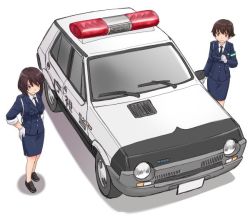 Rule 34 | 10s, 2girls, aiguillette, black footwear, blue jacket, blue skirt, brown eyes, brown hair, car, closed mouth, commentary request, dress shirt, fiat ritmo, girls und panzer, gloves, hands on own hips, hoshino (girls und panzer), jacket, loafers, medium skirt, motor vehicle, multiple girls, nakajima (girls und panzer), pencil skirt, police, police car, police uniform, policewoman, shadow, shirt, shoes, short hair, simple background, skirt, sleeves rolled up, smile, standing, taiho shichauzo, uniform, uona telepin, vehicle focus, white background, white gloves, white shirt, wing collar