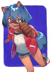 Rule 34 | 1girl, animal ears, arm up, blue background, blue eyes, blue hair, blue shorts, body fur, brand new animal, clenched hand, fang, furry, furry female, highres, imori (lizzy), jacket, kagemori michiru, open mouth, raccoon ears, raccoon girl, raccoon tail, red jacket, shirt, shoes, short hair, short shorts, shorts, simple background, smile, solo, standing, standing on one leg, tail, track jacket, white footwear, white shirt