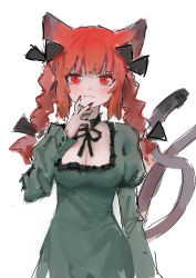 1girl animal_ears blush bow braid breasts cat_ears cat_tail cleavage dress fingernails green_dress highres kaenbyou_rin long_fingernails multiple_tails nail_polish nekomata puffy_sleeves red_eyes red_hair reddizen sharp_fingernails simple_background sketch slit_pupils smile solo standing tail touhou twin_braids two_tails white_background