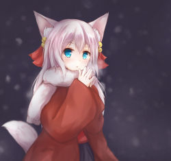 Rule 34 | 1girl, animal ears, bell, blue eyes, breath, coat, dog ears, dog tail, hair ornament, hand to own mouth, highres, jingle bell, kashiwagi yamine, long hair, open mouth, original, own hands together, scarf, shirt, silver hair, skirt, snow, solo, steam, tail, upper body