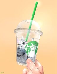 Rule 34 | animal, animal focus, black nails, cat, commentary request, cup, disposable cup, drinking straw, highres, holding, in container, in cup, logo parody, original, signature, starbucks, utsusemi rari, yellow background