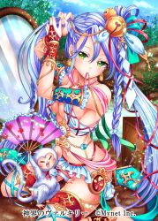 Rule 34 | 1girl, ame-no-uzume-no-mikoto, bell, blue hair, breasts, clip studio paint (medium), copyright name, day, earrings, green eyes, hair bell, hair ornament, hand fan, japanese mythology, jewelry, large breasts, long hair, looking at viewer, mirror, monkey, navel, official art, shinkai no valkyrie, solo, teltelhousi, very long hair