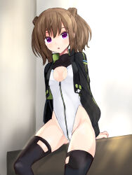 Rule 34 | 1girl, alice gear aegis, black jacket, black thighhighs, booth babe, breasts, brown hair, circle cutout, cleavage cutout, clothing cutout, commentary request, companion/af, cowboy shot, front zipper, full-length zipper, heattech leotard, highleg, highleg leotard, highres, jacket, kimikage yui, leotard, looking at viewer, medium hair, open leotard, panda sasasa, purple eyes, race queen, sitting, small breasts, solo, thighhighs, turtleneck, twintails, white leotard, zipper, zipper leotard