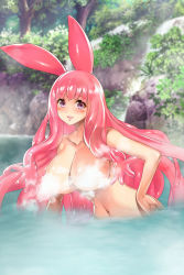 Rule 34 | bathing, breasts, convenient censoring, large breasts, long hair, melona (queen&#039;s blade), nude, official art, partially submerged, pink hair, purple eyes, queen&#039;s blade, rabbit ears, smile, steam, steam censor