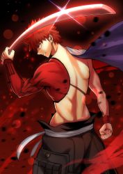 Rule 34 | 1boy, absurdres, back, cape, clenched hand, clenched teeth, emiya shirou, fate/grand order, fate (series), fighting stance, glint, highres, holding, holding sword, holding weapon, igote, katana, limited/zero over, male focus, orange eyes, red hair, reon (dainagon azuki), senji muramasa (fate), solo, sword, teeth, topless male, upper body, weapon, white cape, wristband