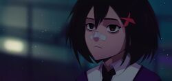 Rule 34 | 1girl, absurdres, bags under eyes, bandaid, bandaid on face, bandaid on nose, black hair, blade runner 2049, blurry, blurry background, brown eyes, commentary, cosplay, empty eyes, english commentary, goslingposting (meme), hair between eyes, hair ribbon, highres, inuarts, k (blade runner 2049), k (blade runner 2049) (cosplay), marvel, movie reference, necktie, parody, peni parker, ribbon, scene reference, school uniform, short hair, solo, spider-man: into the spider-verse, spider-man (series), spider-verse, sweater vest