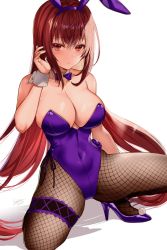 Rule 34 | 1girl, animal ears, arm up, breasts, cleavage, covered navel, detached collar, fake animal ears, fate/grand order, fate (series), fishnet pantyhose, fishnets, hairband, high heels, highleg, highleg leotard, highres, large breasts, leotard, long hair, looking at viewer, official alternate costume, pantyhose, playboy bunny, purple hair, purple hairband, purple leotard, rabbit ears, red eyes, scathach (fate), scathach (piercing bunny) (fate), seiru (prairie), solo, spread legs, squatting, strapless, strapless leotard, wrist cuffs